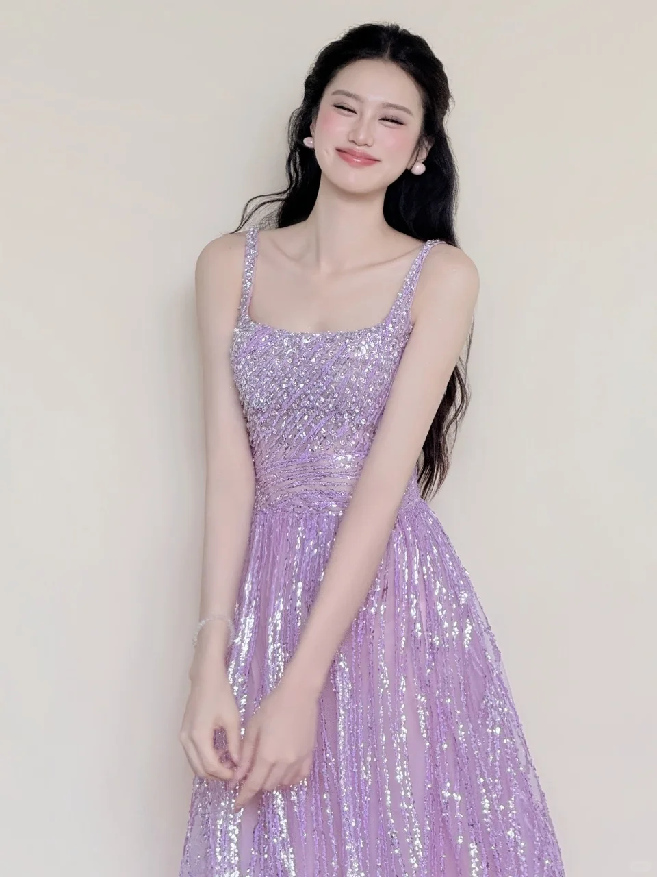 Lavender Square Neck Wide Strap Sequin A-Line Evening Gown NV7426