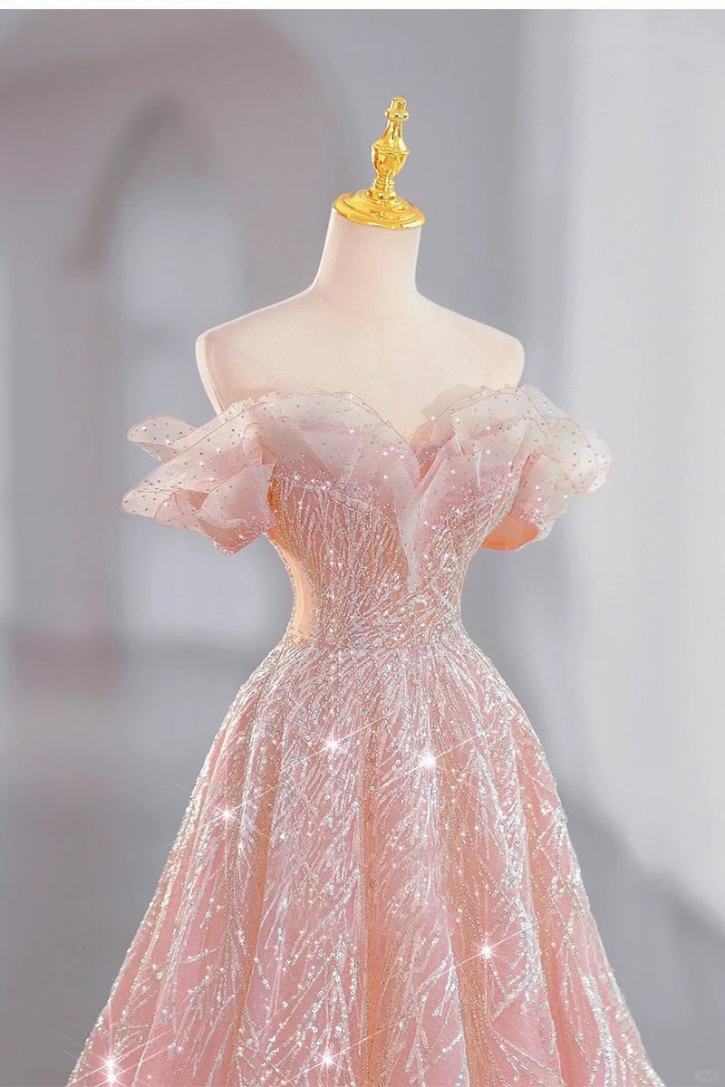 Pink Sparkling Elegant Long Tulle Ball Gown Evening Dress nv4227