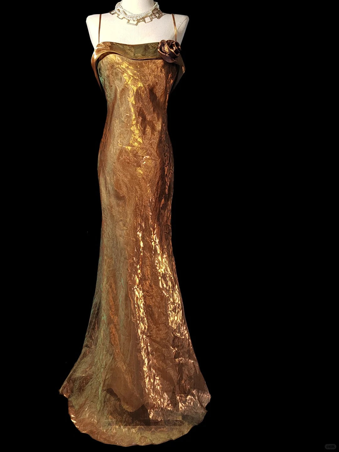 Golden green gorgeous fashionable elegant dark pattern long spaghetti straps satin mermaid tail prom dress evening dress birthday party dress prom dress nv3968