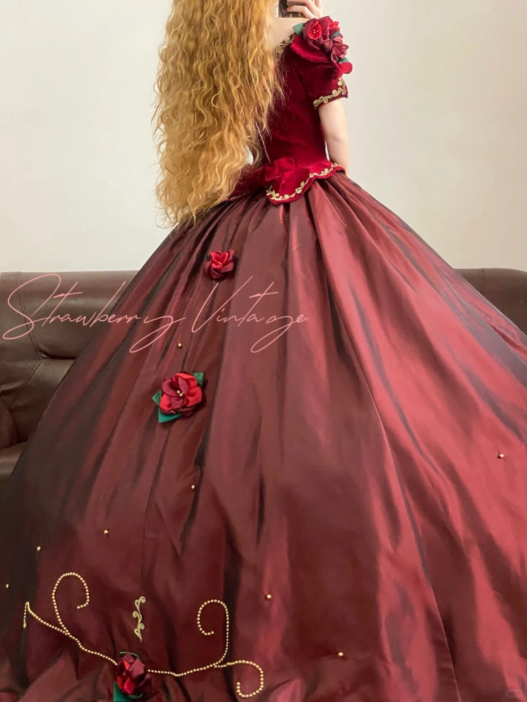 Burgundy Vintage Elegant Floral Long Satin Princess Ball Gown nv5006