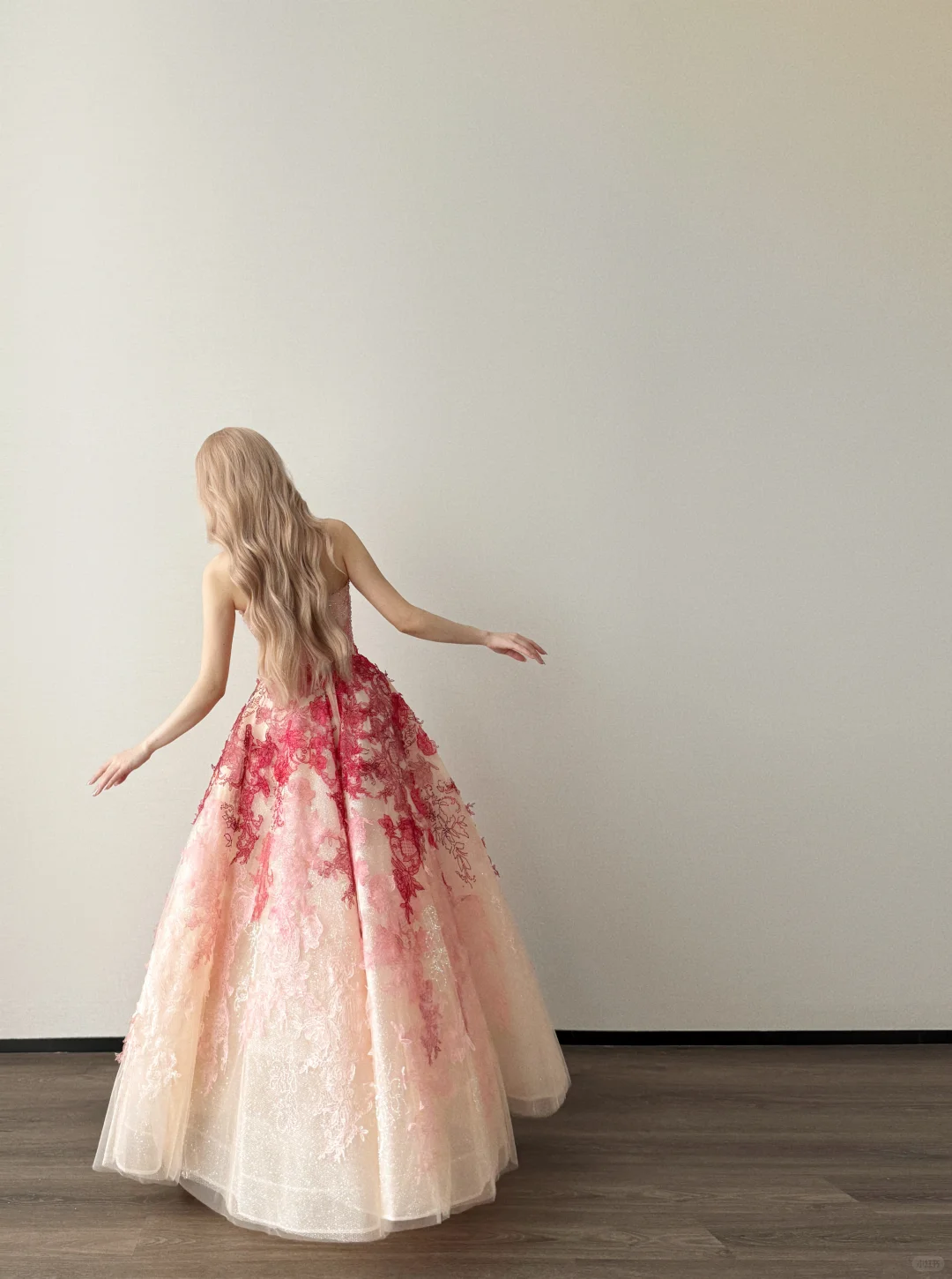 Strapless Pink Red Ombre Tulle Ball Gown 3D Floral Prom Dress NV7129