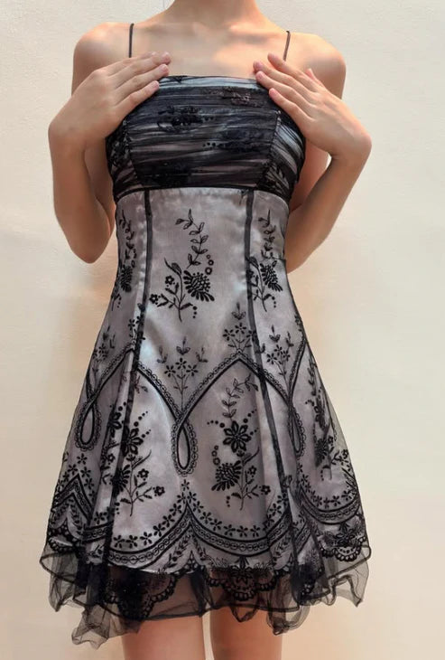 Grey and black chic homecoming dress floral spaghetti strap chiffon short party dress nv4346