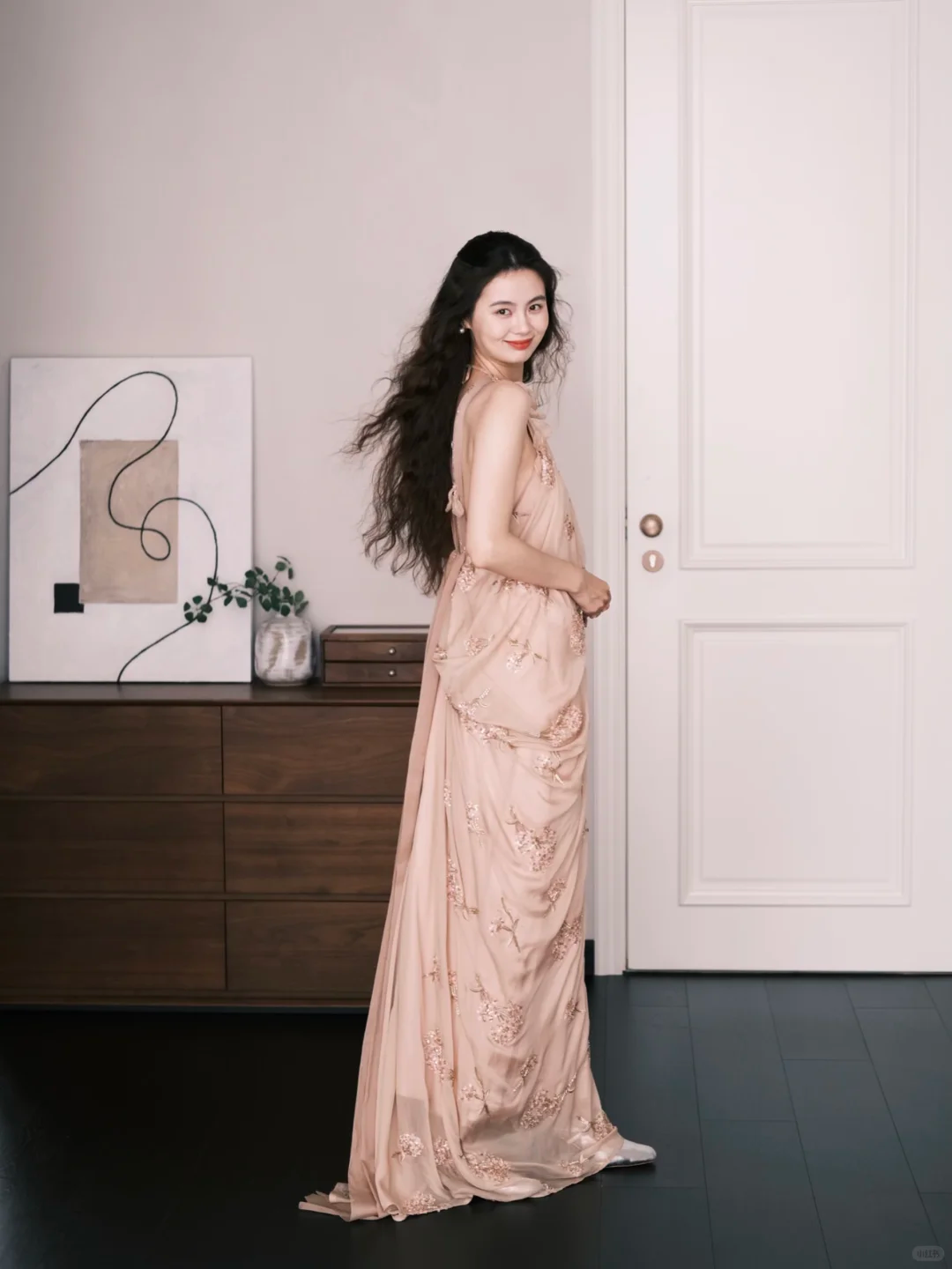 Nude Pink Halter Chiffon Prom Dress 3D Floral Beaded Evening Gown NV7209
