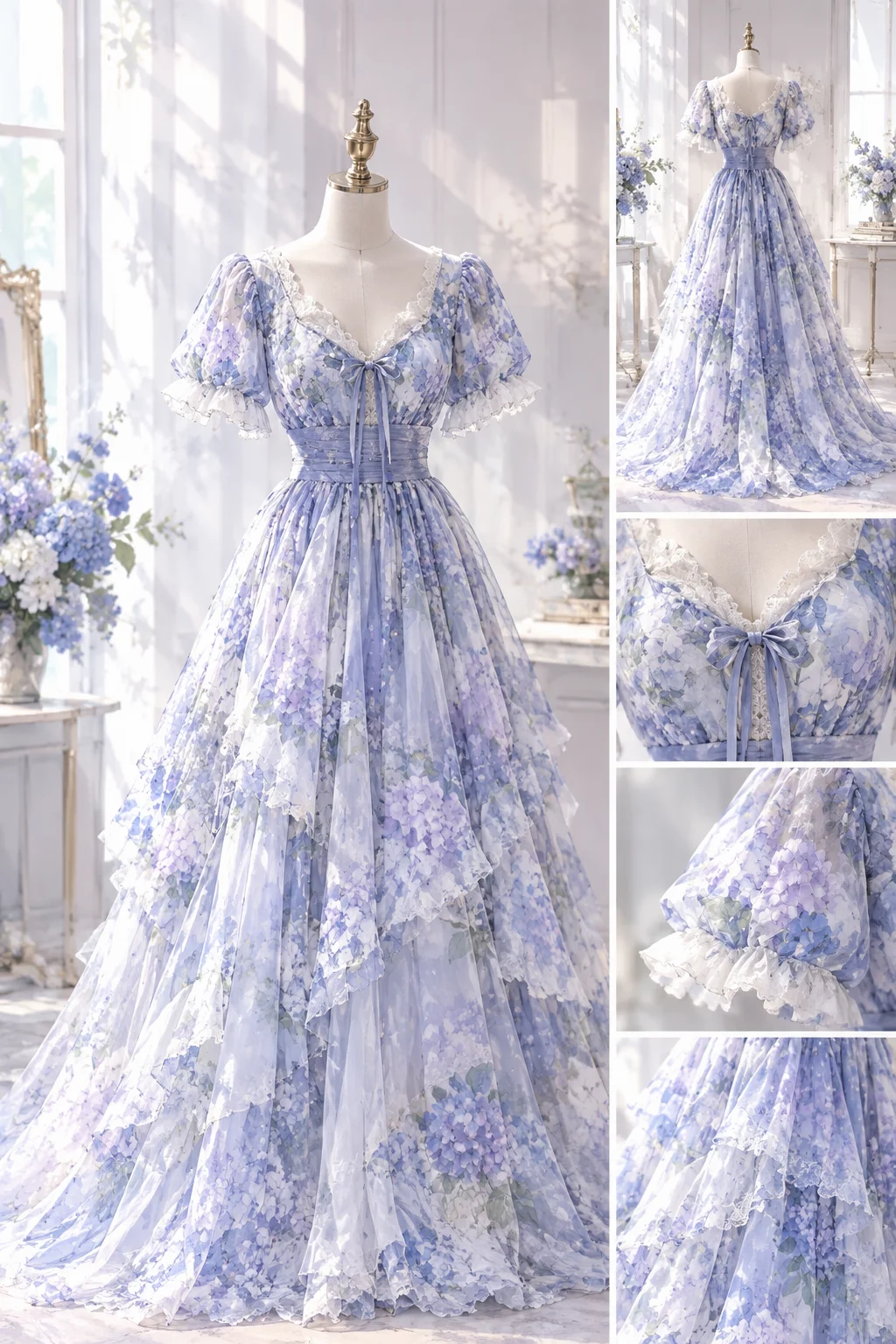 Blue Purple Hydrangea Floral Print Prom Ball Gown, V Neck Puff Sleeve Tiered Tulle Evening Dress NV7450