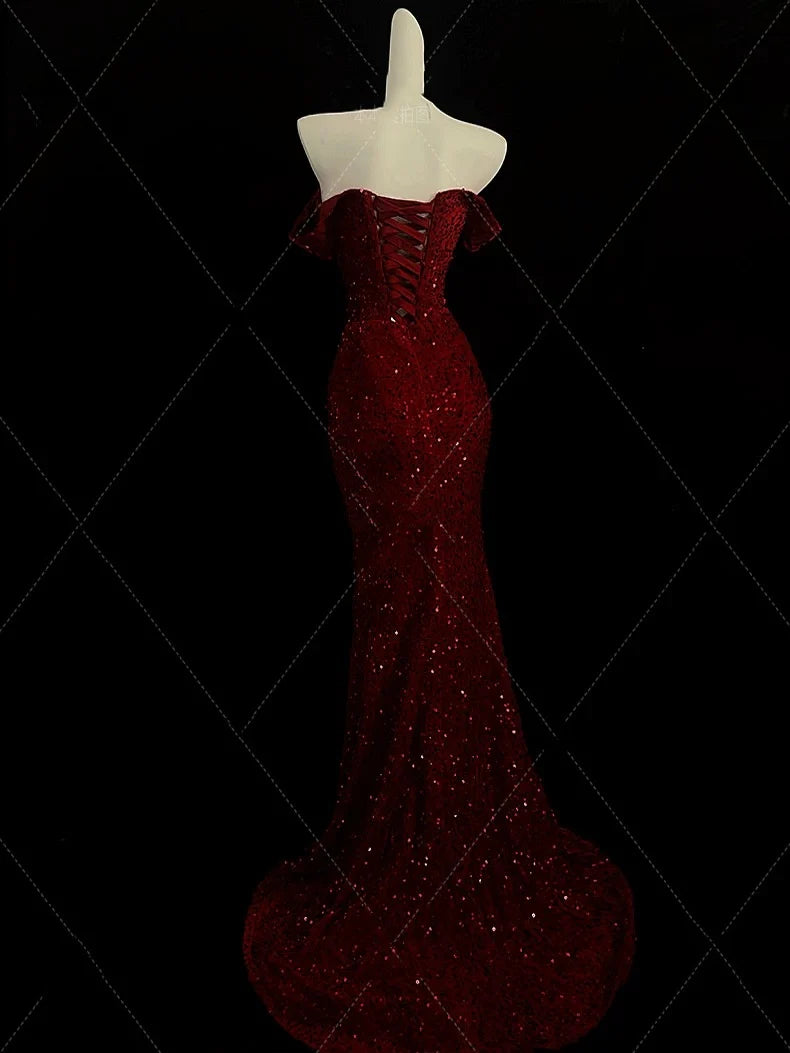 Classy Mermaid Sweetheart Red Slit Sequin Long Evening Gowns Prom Dress nv4151