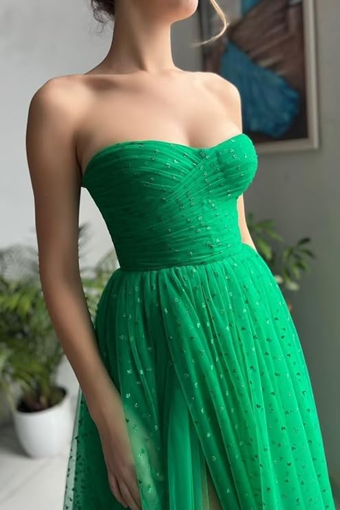 Trendy Green A-line Strapless Sweetheart Sequined Tulle Prom Gown nv1642