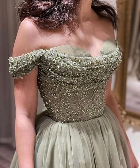Elegant Off Shoulder Sage Green Evening Dress Luxury Beaded Arabic Long Formal Party Gown nv1194