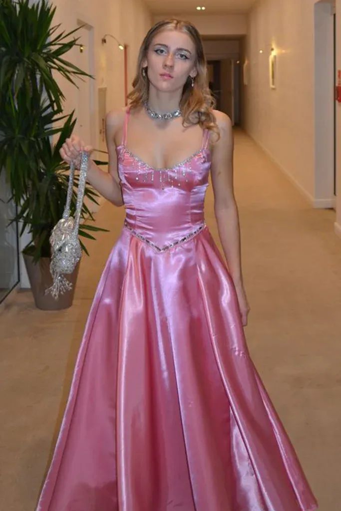 Rosa glänzendes elegantes exquisites Perlen-Spaghettiträger-ärmelloses A-Linien-Satin-Langballkleid, Abendkleid, Partykleid nv3700