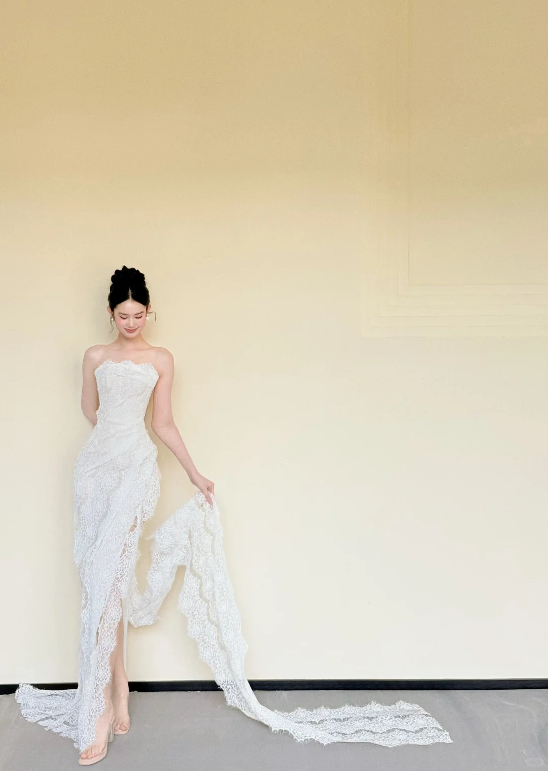 Strapless White Lace Mermaid Gown with High Slit & Ruffle Train NV7415