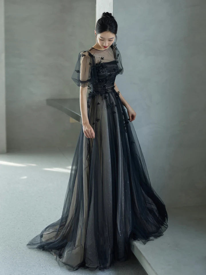 Black Tulle Puffy Short Sleeves A-Line Prom Dress, Black Evening Dress Party Dress nv1698