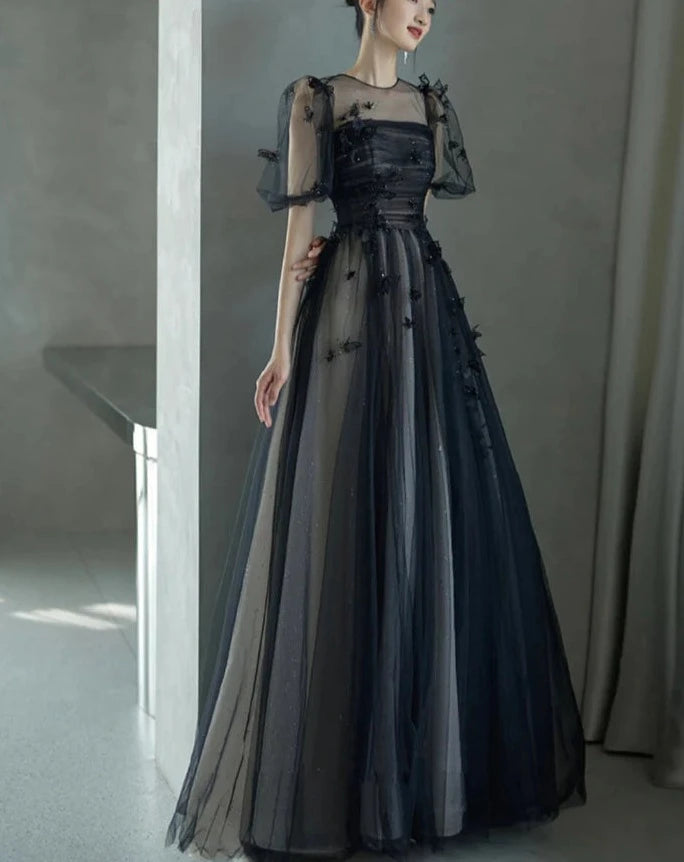 Black Tulle Puffy Short Sleeves A-Line Prom Dress, Black Evening Dress Party Dress nv1698
