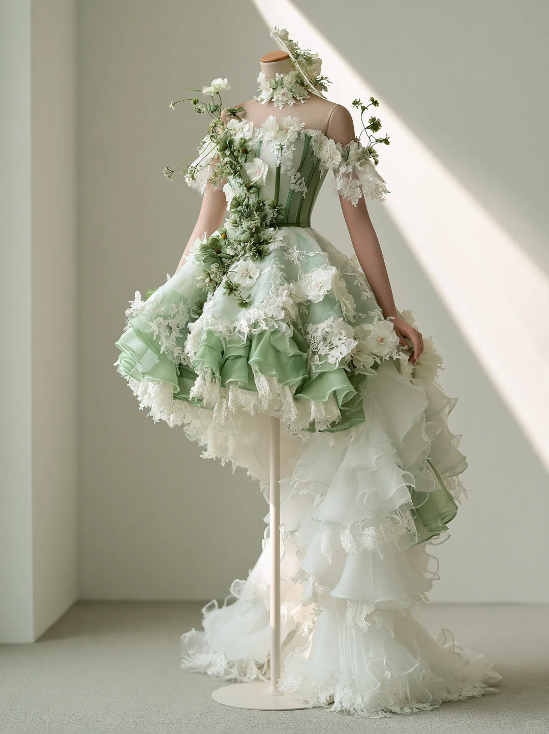 Sage Green Off Shoulder High Low 3D Floral Lace Organza Fairy Gown NV7467