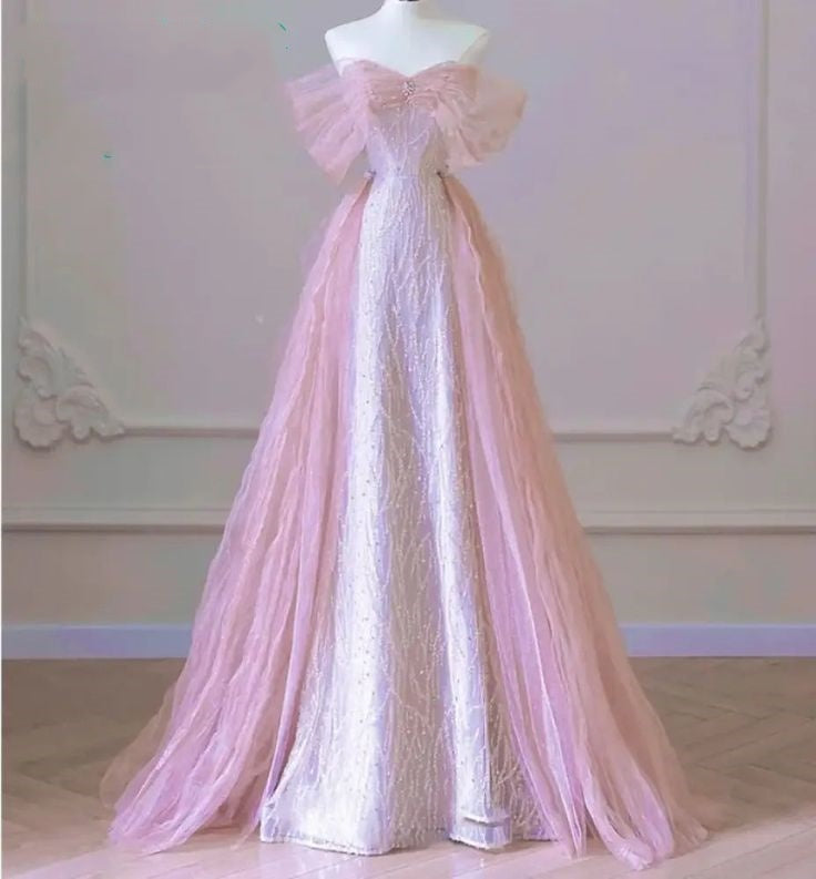 Light Pink Shiny Elegant Delicate Beaded Sweetheart Neck Long Tulle Sequin Ball Gown Evening Dress Party Dress nv3783