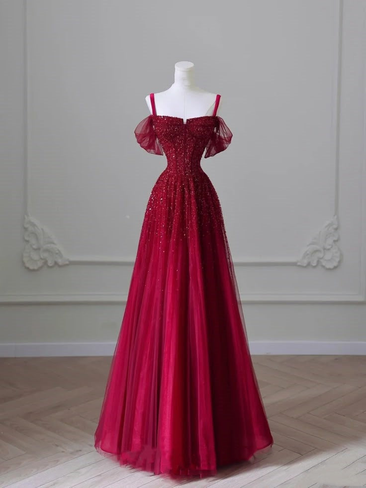 Burgundy Gorgeous Fashion Exquisite Beaded A-line Sequined Long Tulle Elegant Floor-length Ball Gown Evening Dress nv3817
