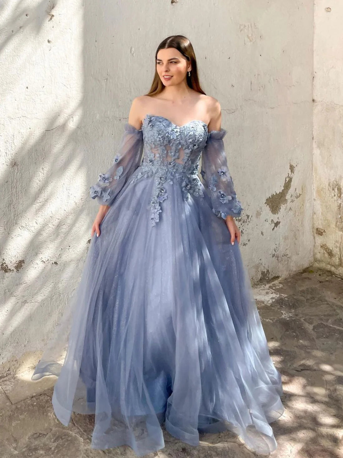 A-Line Sweetheart Neck Tulle Gray Blue Lace Long Prom Dress, Gray Blue Formal Evening Dress nv1526