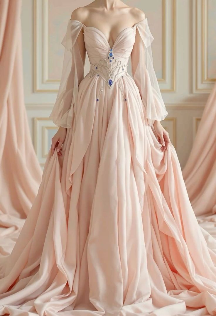 Robe longue de soirée féerique rose pâle style palais, épaules dénudées : taille ornée de pierres précieuses, manches transparentes, NV6422