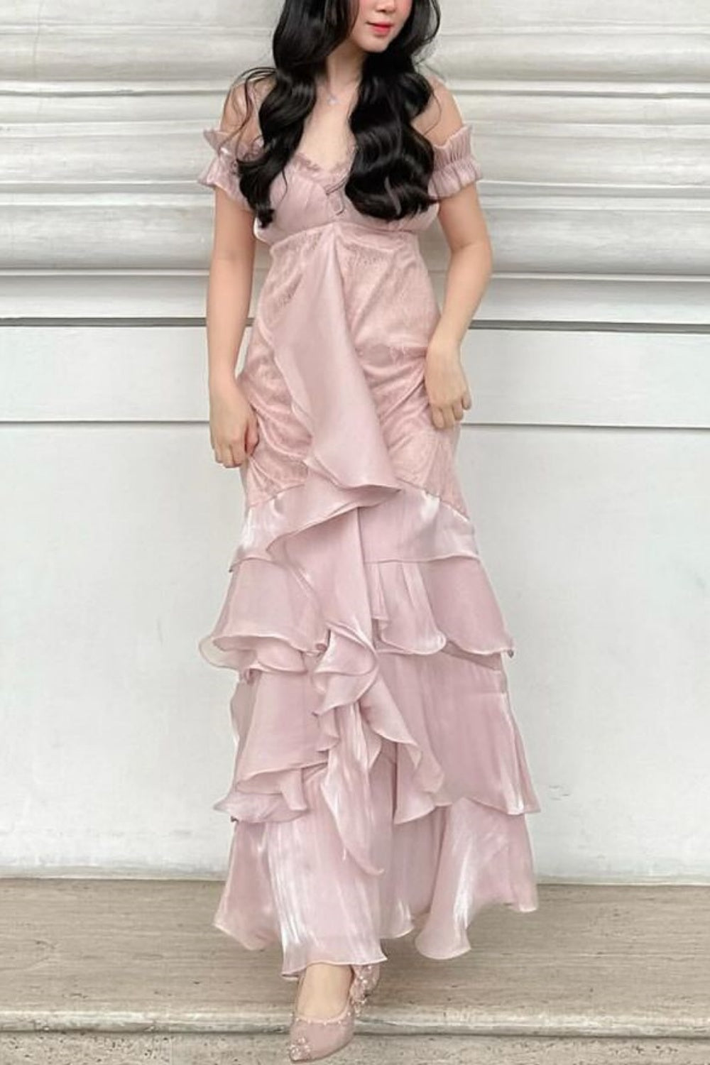 NiceVestidos--Pink lace chiffon long prom dress NV5831