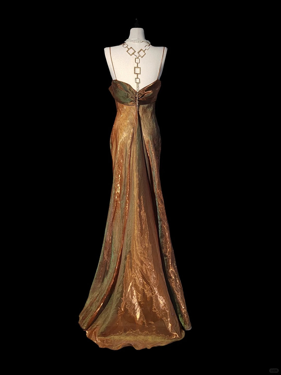 Golden green gorgeous fashionable elegant dark pattern long spaghetti straps satin mermaid tail prom dress evening dress birthday party dress prom dress nv3968