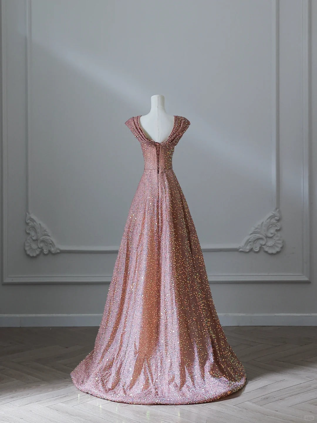 Pink Gold Shiny Sequins Elegant Long Satin Ball Gown Evening Dress nv4340
