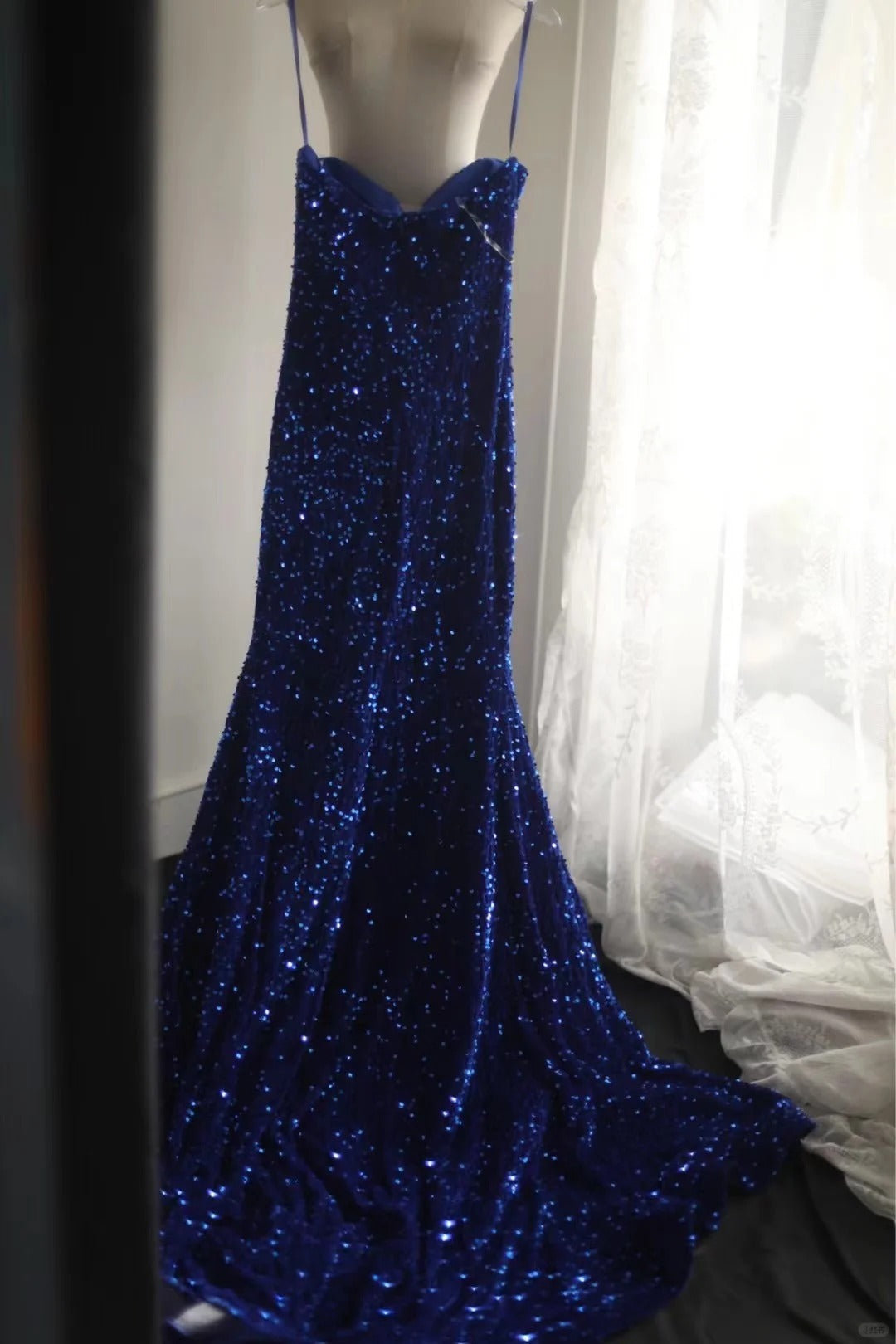 Royal blue vintage elegant pleated long sequin velvet beaded mermaid fishtail slim floor-length tail ball gown evening dress party dress wedding dress nv4123