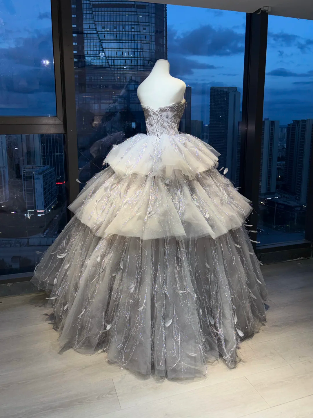 Silver Gray Strapless Princess Ball Gown Heavy Rhinestone Beading Tiered Glitter Tulle Feather Long Evening Gown NV7005