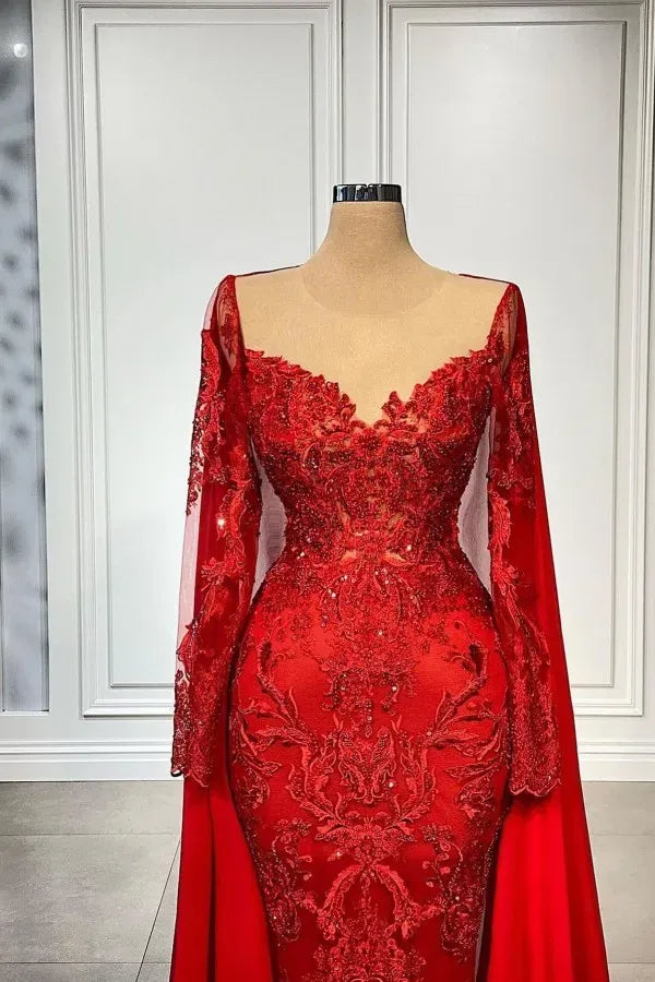 Red Luxurious Mermaid Prom Dresses Sheer Neck Lace Beaded Evening Formal Party Gowns Dress nv4