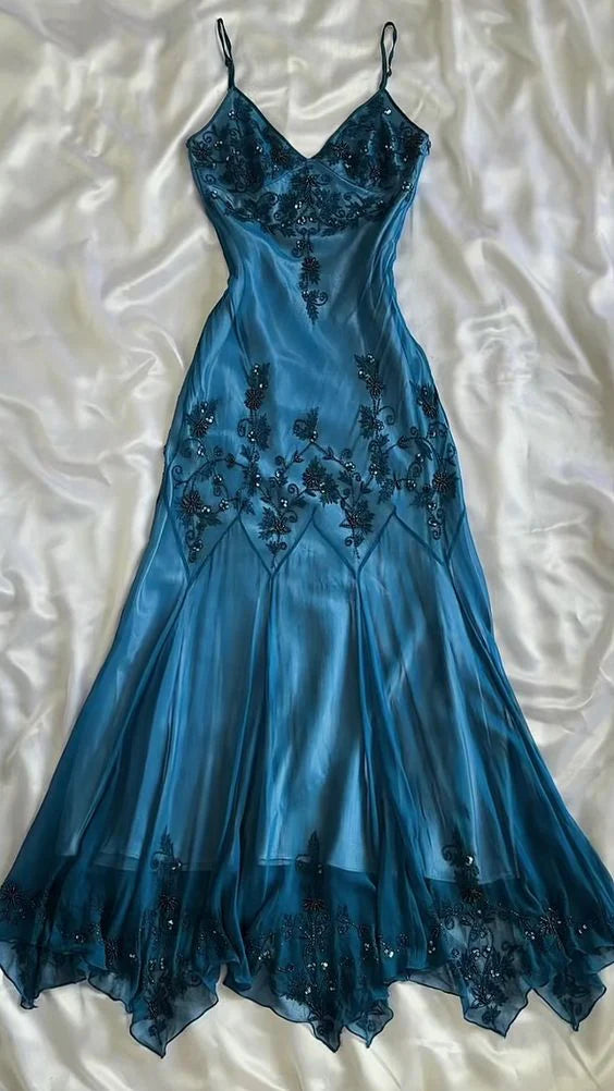 Blue Gorgeous Floral Beading Long Chiffon Elegant V Neck Prom Dress Fashion Evening Gown Party Dress nv4581