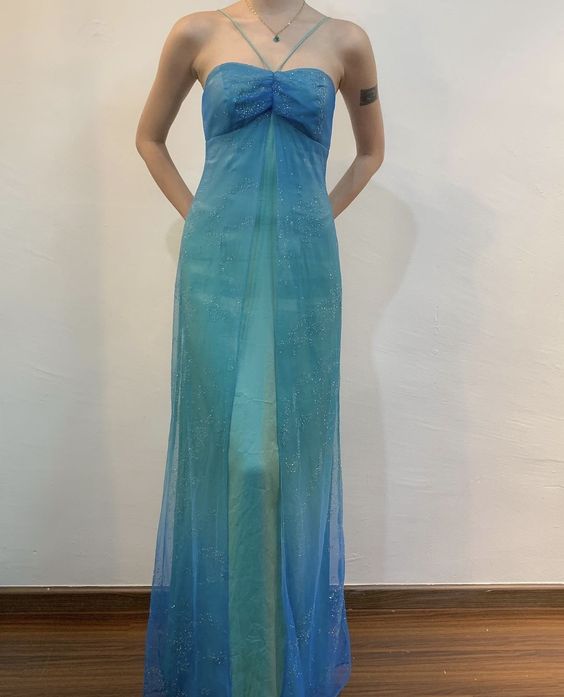 Blue shiny fashion gradient spray gold retro elegant sling long tulle ball gown evening dress party dress nv2761 nv2761