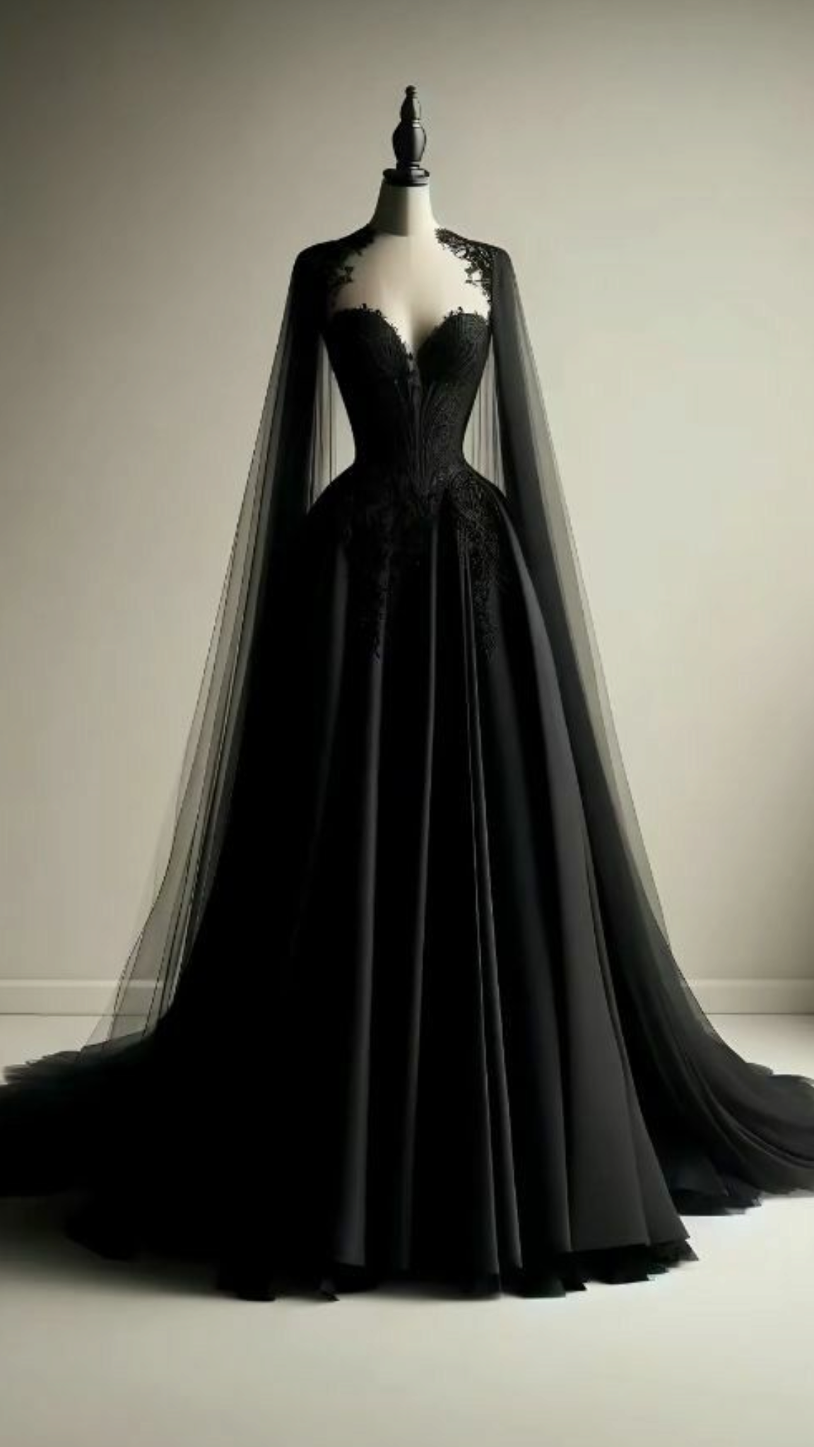 Robe longue sans manches en tulle noir et dentelle avec traîne | Robe longue bustier glamour de luxe avec cape et cœur pour bal de gala NV6297
