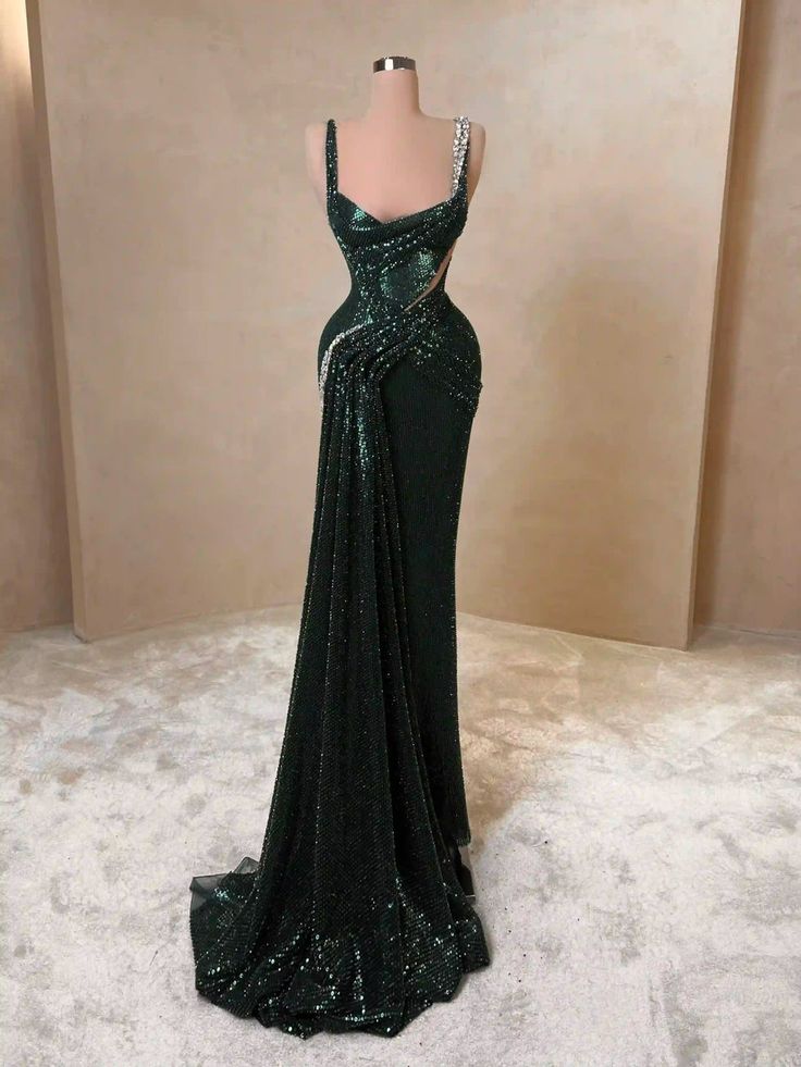 Robe sirène sans manches à sequins et perles vert émeraude, longue jusqu'au sol, modèle NV6185