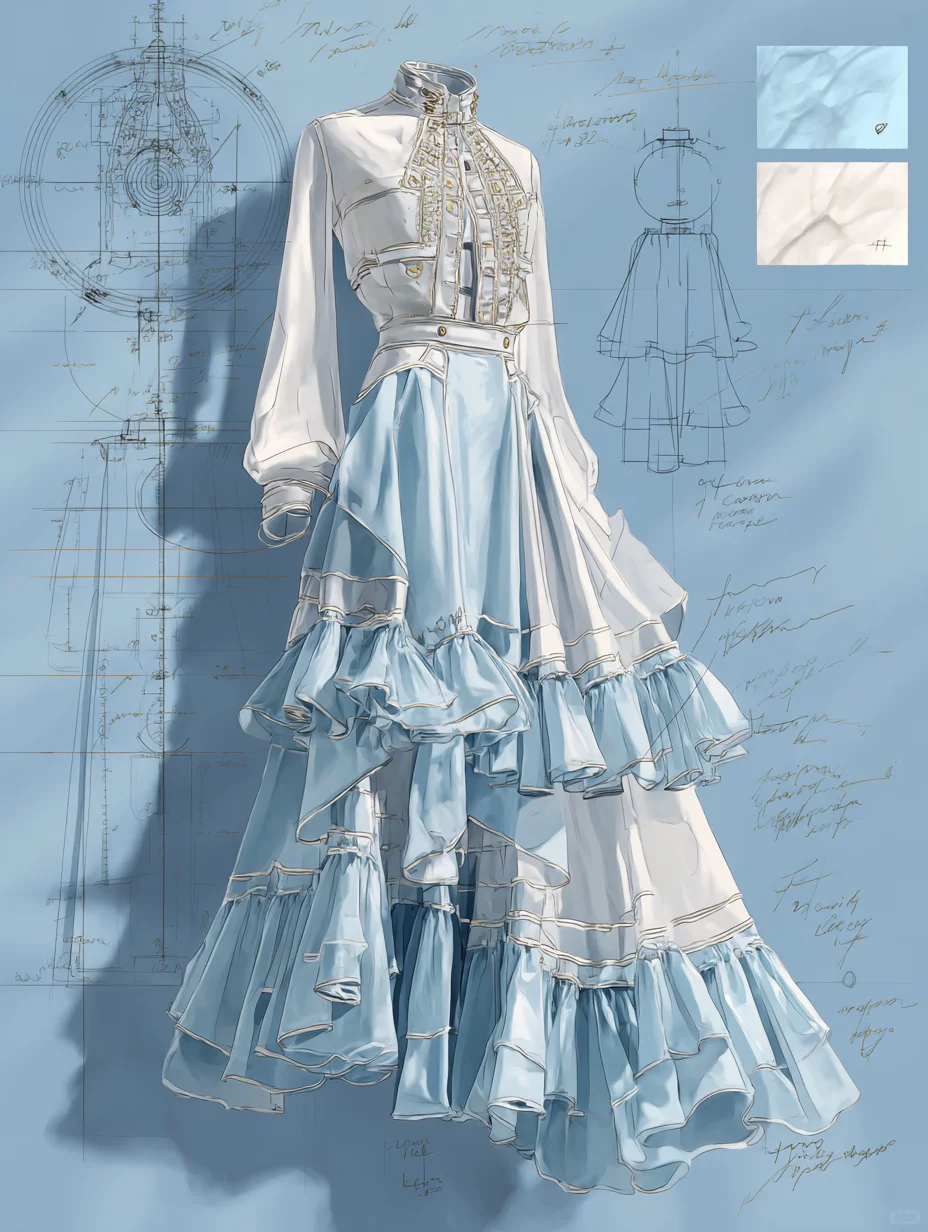 Vintage Gold Piping Tiered Ruffle Two Piece Victorian Maxi Gown NV7396