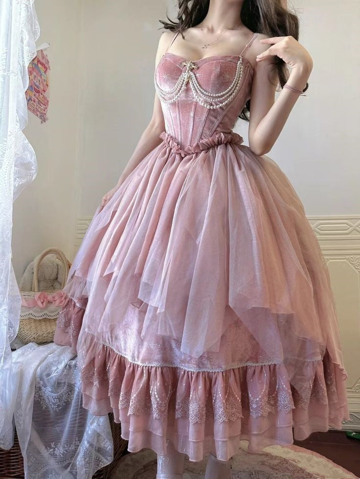 Rosa Elegantes Süßes Langes Samt Ballkleid Abendkleid nv2947