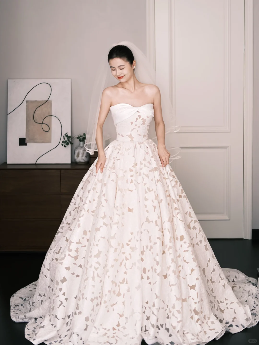 Strapless Lace A Line Wedding Dress Floral Cutout Long Train Bridal Gown NV7207
