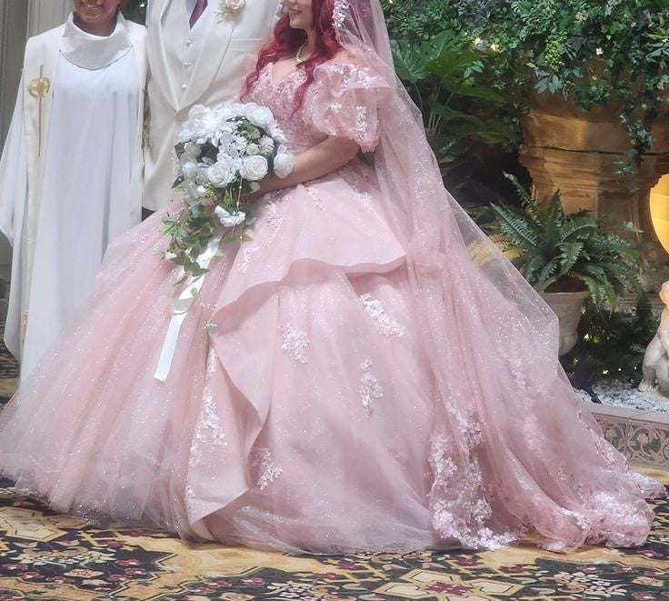 NiceVestidos--Pink exquisite lace floral long floor-length ball gown wedding dress NV5832