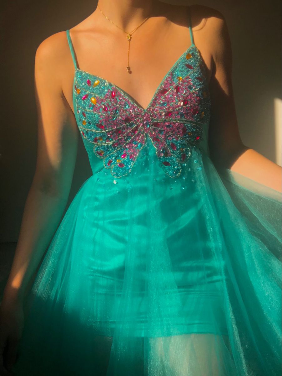 Teal Butterfly Beaded Short Chiffon Fantasy Fairy Homecoming Dress Birthday Party Dress nv5191