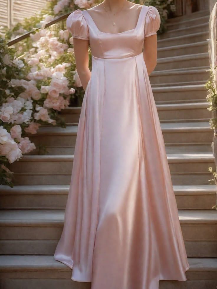 Pink Vintage Elegant Princess Short Sleeve High Waisted Long Satin Prom Dress Evening Dress Birthday Party Dress Prom Dress Graduation Dress Bridesmaid Dress nv4004