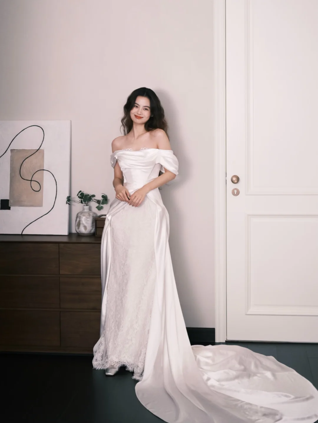 Off Shoulder Draped Satin Lace Mermaid Bridal Dress with Long Train NV7377
