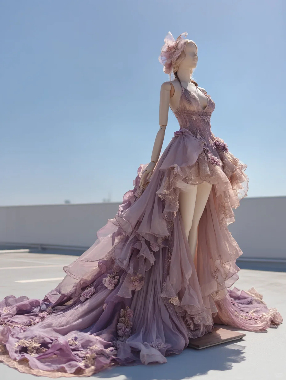 Lavender Purple High Neck Halter Fairy Gown with Cascading Ruffle & Long Train NV7506