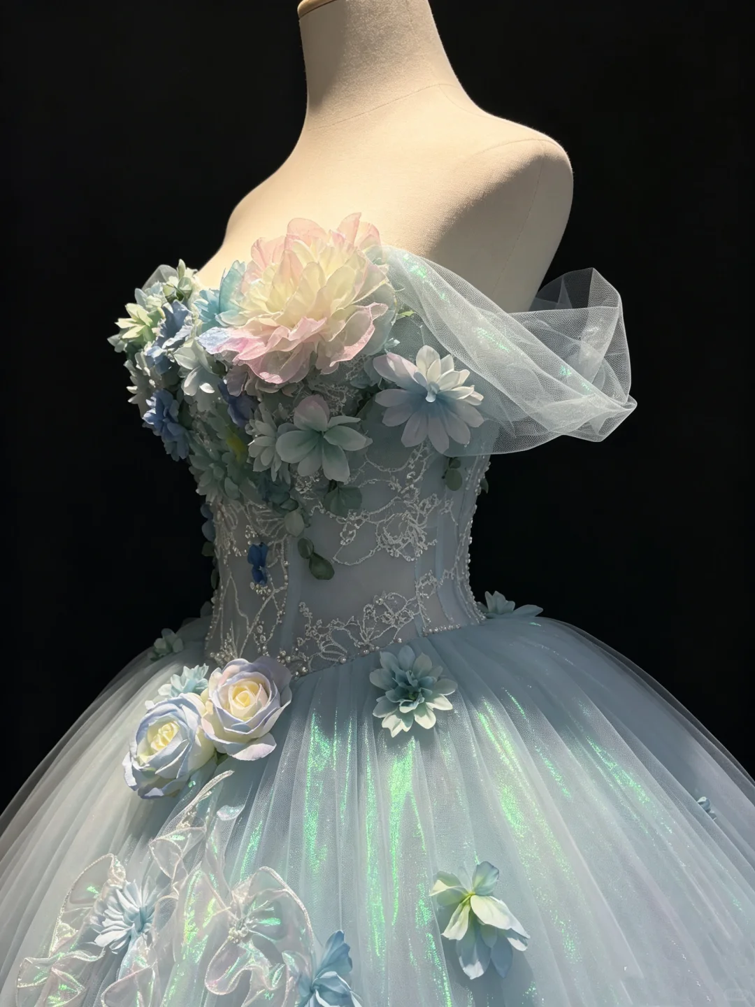 Light Lake Blue Off Shoulder Corset Ball Gown 3D Flower Iridescent Tulle Fairy Prom Dress NV6937