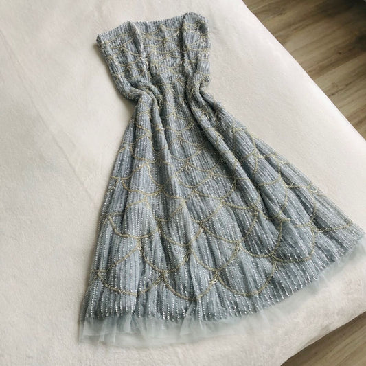 NiceVestidos--Strapless Sequin Beaded Tulle Midi Dress | Luxury Evening Gown for Formal Parties & Galas  NV5899