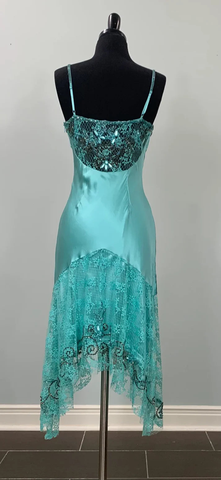 Turquoise Vintage Exquisite Beaded Lace Spaghetti Strap Long Prom Gown Evening Dress Party Dress nv3540