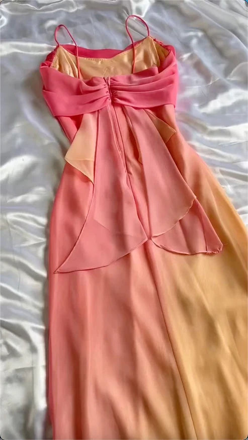 Orange Pink/Teal Unique Long A-Line Spaghetti Strap Ombre Chiffon Evening Gown Party Dress nv4347