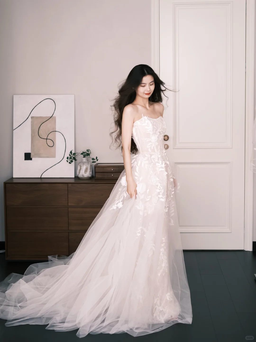 Tulle A Line Wedding Dress Strapless 3D Floral Applique High Slit Bridal Gown NV7243