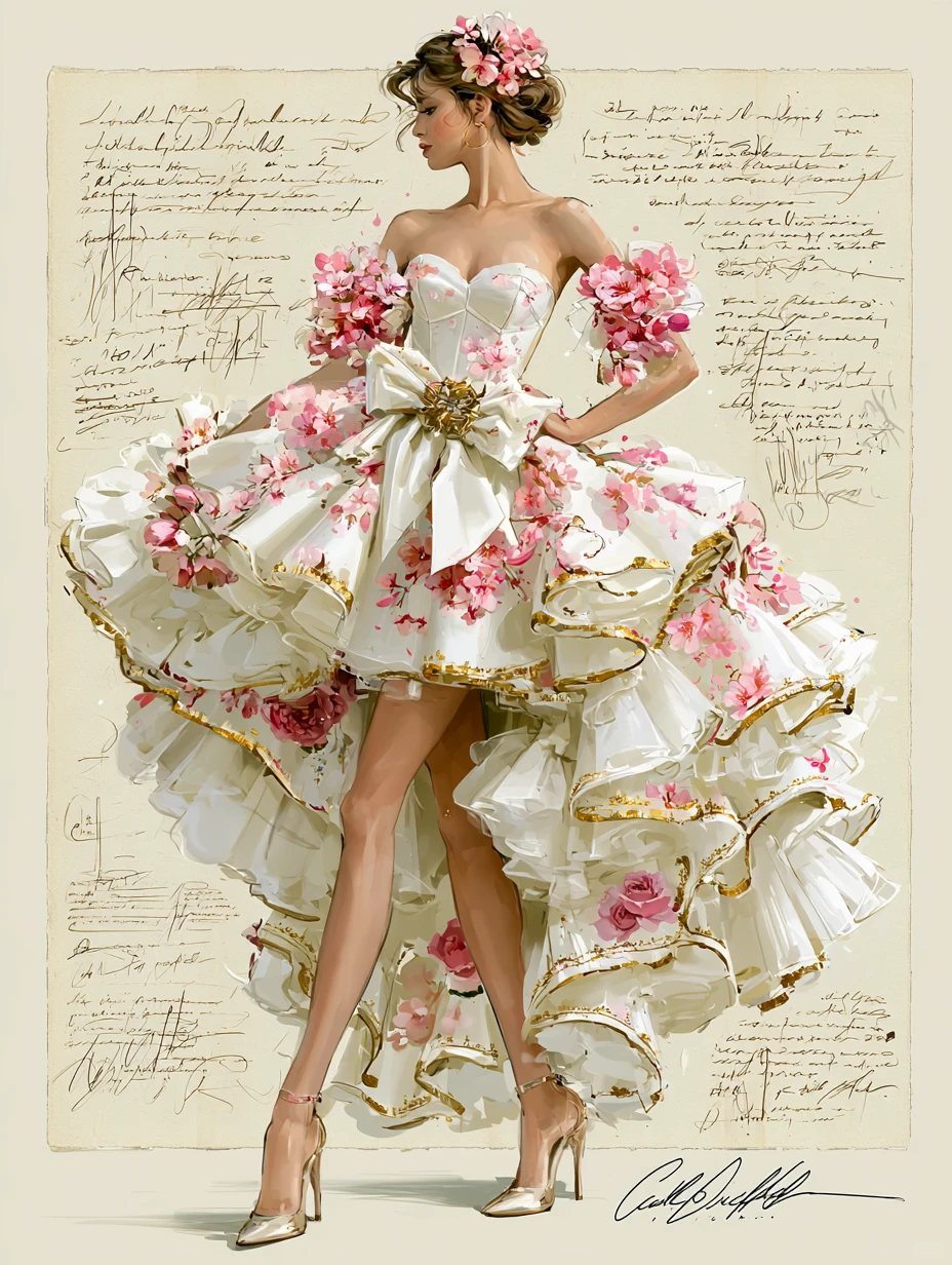 3D Pink Floral Sweetheart Strapless High Low Ruffle Prom Dress with Gold Trim and Floral Cuffs NV7402