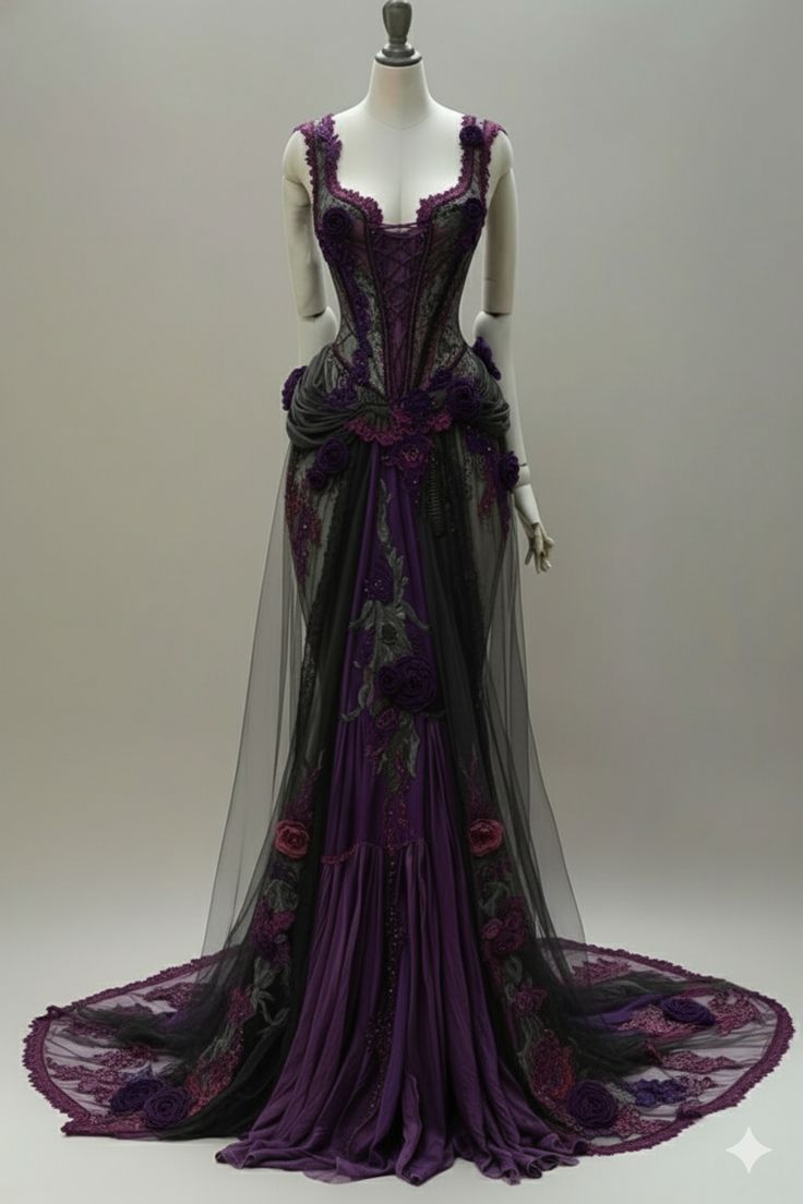 Robe longue corset en dentelle style romantique sombre | Robe sirène à traîne ornée de fleurs 3D contrastées violettes et noires pour soirée rétro ou dîner chic NV6276