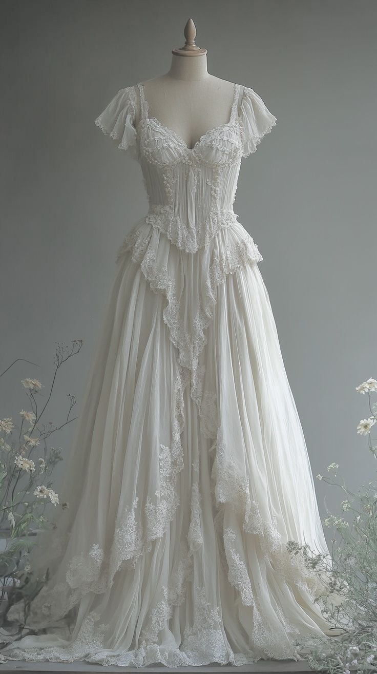 Robe de mariée rétro française en dentelle ivoire : décolleté en V profond, froncée, à plusieurs couches, robe de mariée robuste faite à la main NV6419