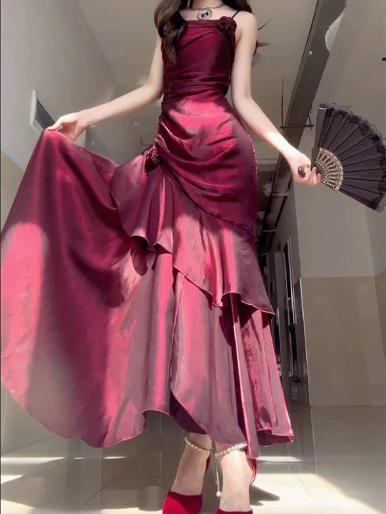 Burgunderrotes, glänzendes, modisches Spaghettiträger-Langsatin-Ballkleid, Abendkleid, Partykleid nv3580