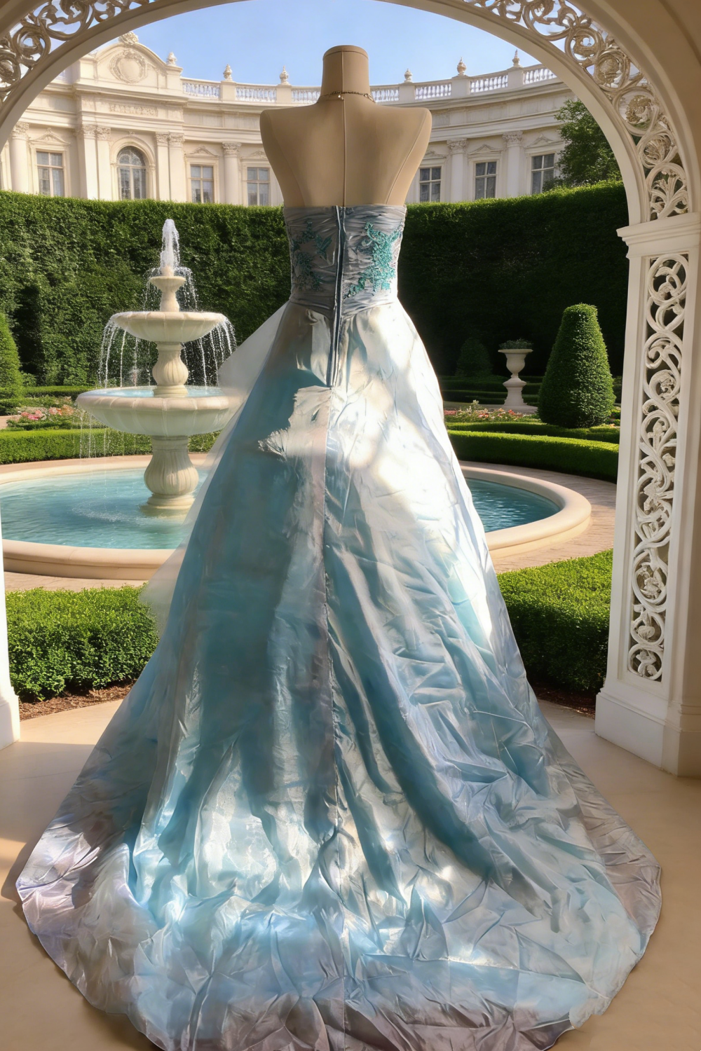 Robe longue bleu clair bustier ornée de perles - Traîne à volants et nœud superposés - Idéale pour une soirée à thème ou un bal de promo NV6818