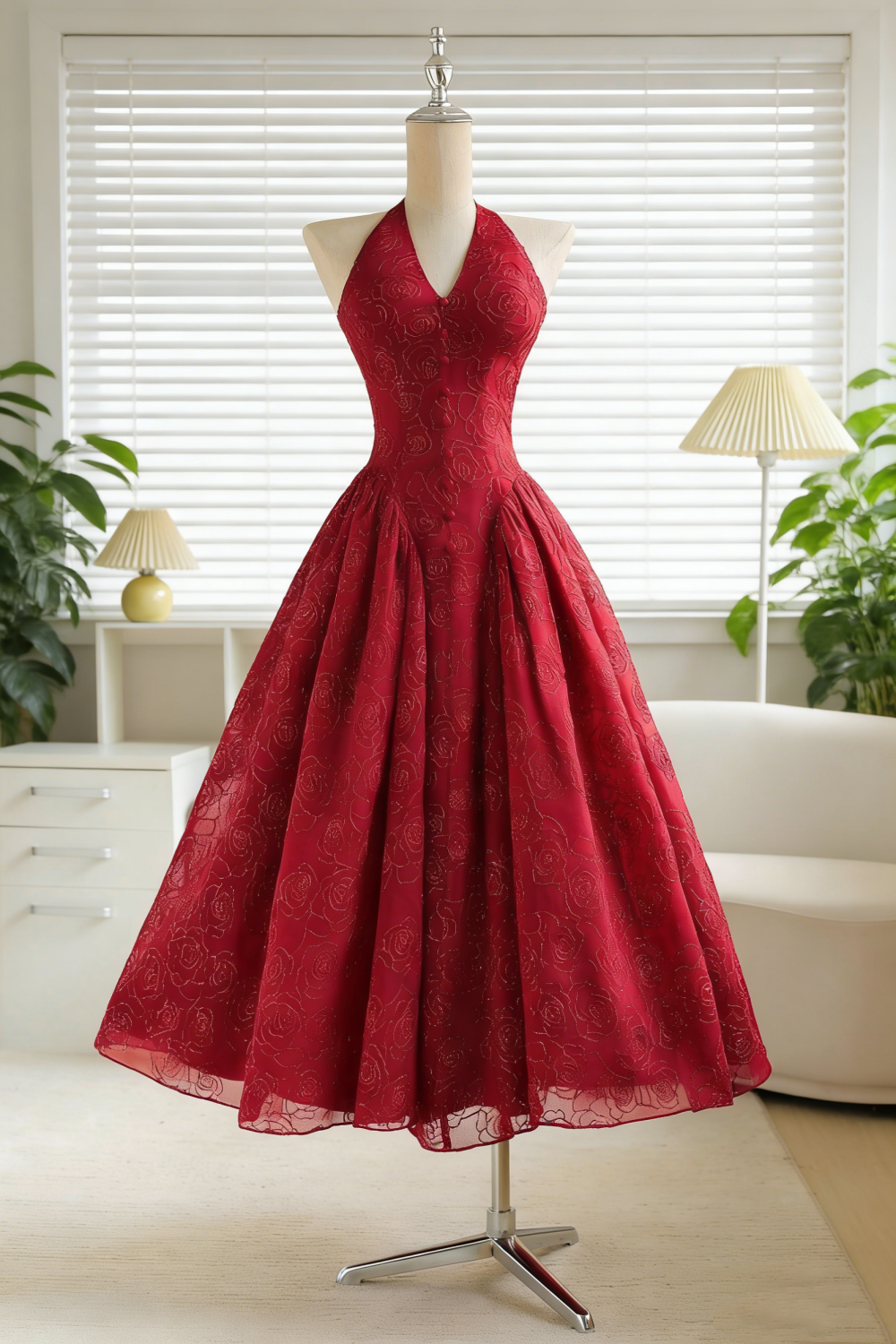 Unique et élégante ! Robe de soirée midi élégante en dentelle rouge bordeaux à col halter NV6827