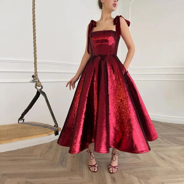 Red shiny elegant spaghetti strap long sequined ball gown evening dress party dress nv3538